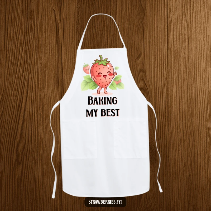 Funny apron showing a blushing strawberry character dancing with its leaves, ideal for sweet cooks.