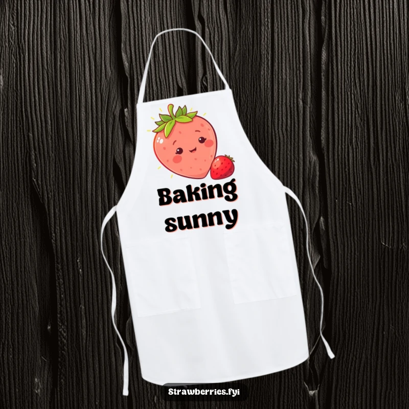 Funny sunny strawberry apron featuring a character basking in a warm ray of light, ideal for kitchen use with cheerful humor.