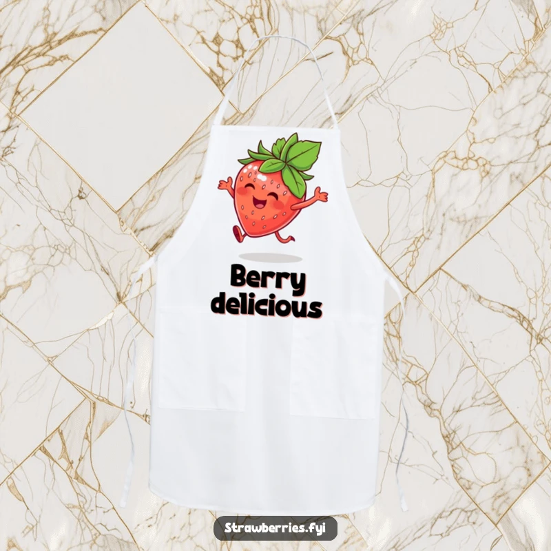 Funny apron featuring a happy strawberry character with a leafy crown, doing a joyful hop, ideal for bakers and cooks who love fruit themes.