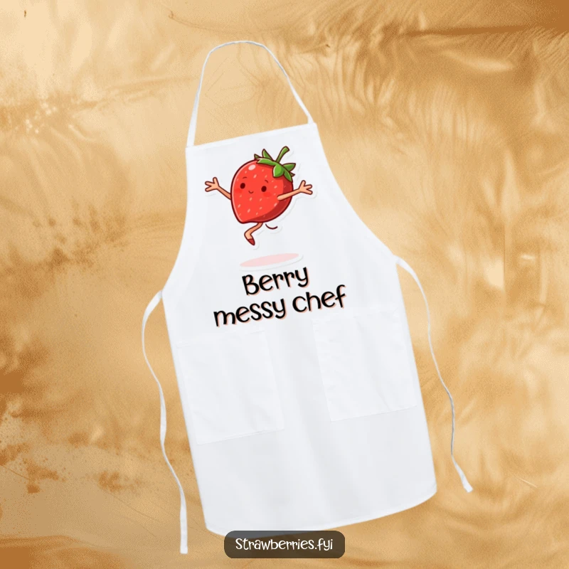 Funny Apron showcasing a joyful strawberry character doing a pirouette, ideal for kitchen fun and sweetness.