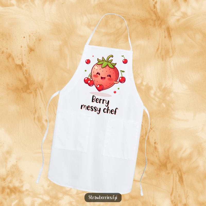 Funny apron depicting a gleeful strawberry masterfully juggling tiny cherries, perfect for a humorous kitchen experience.