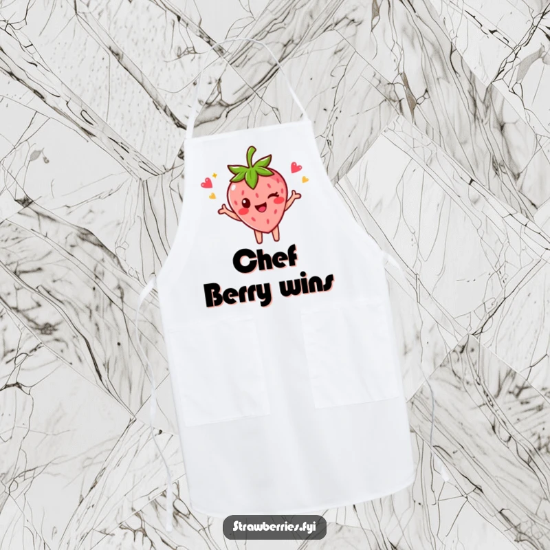 Funny apron with a strawberry character striking a celebratory pose and winking, ideal for triumphant cooking.