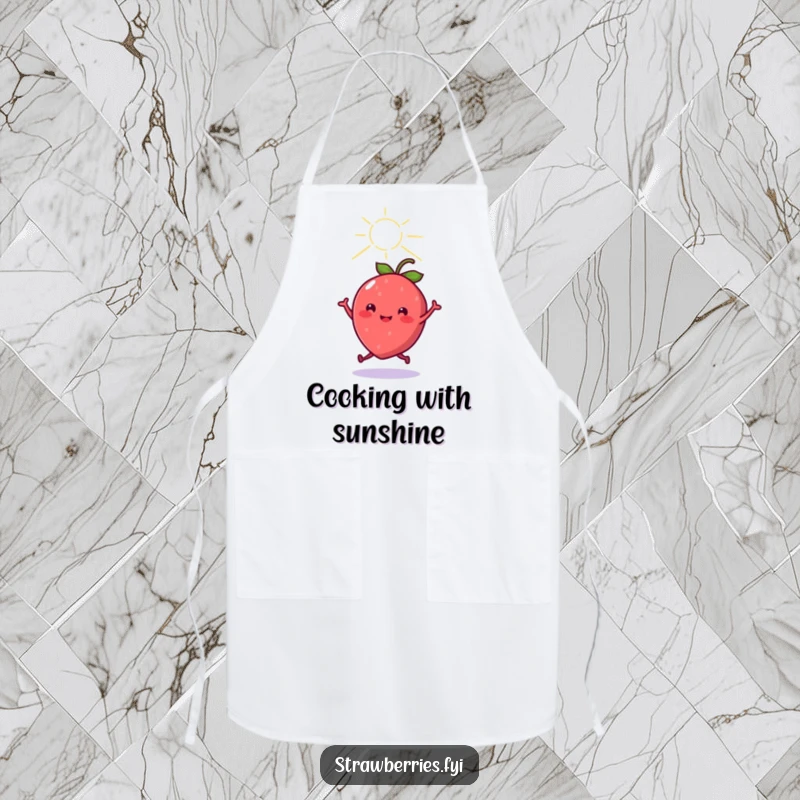 Funny cheerful kawaii strawberry character dancing under a sunbeam, featured on a foodie apron, ideal for cooking with joyful, humorous flair.