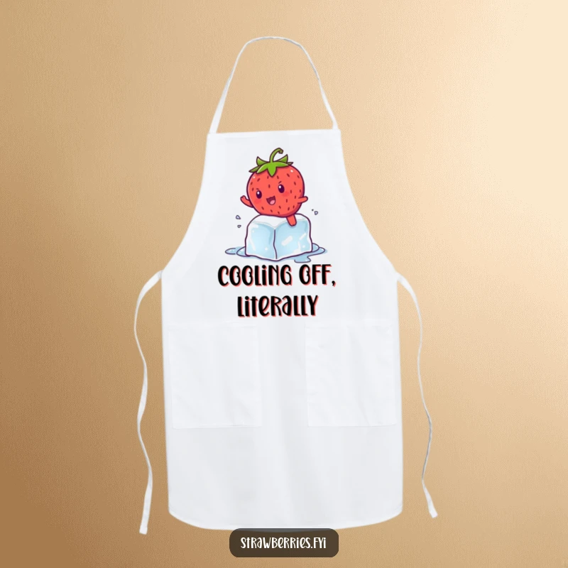 Funny kawaii strawberry character hilariously attempting to balance on a melting ice cube, a comical kitchen accessory.