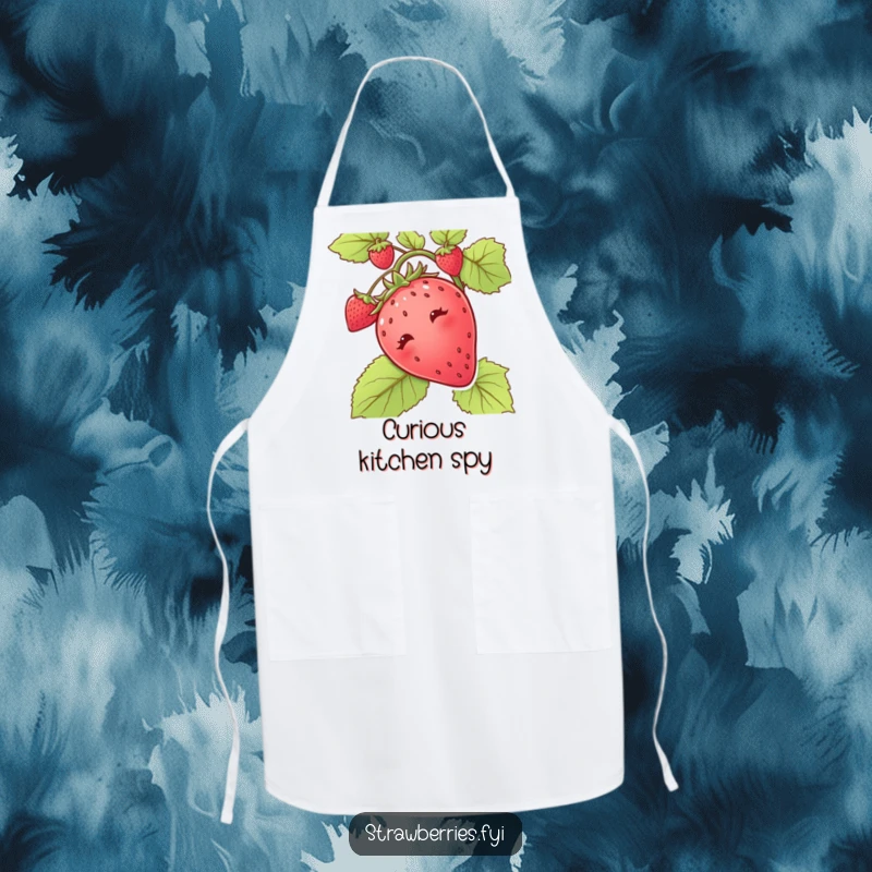 Funny apron depicting a curious strawberry peeking out from a vine, a humorous and charming kitchen accessory.