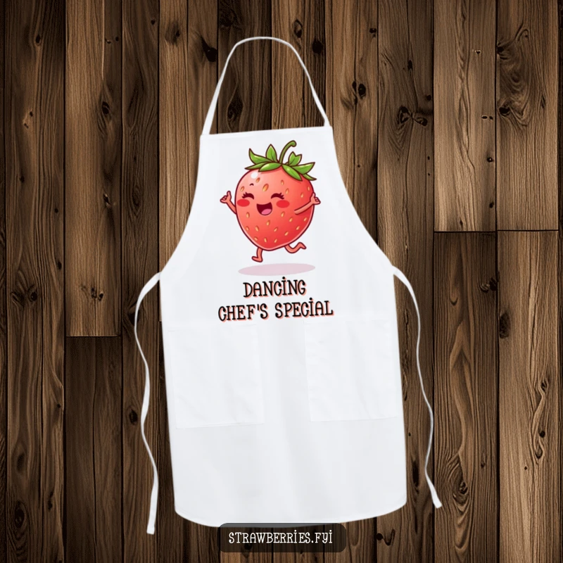 Funny apron showing a cheerful strawberry doing a happy dance on a leaf, bringing joy to the kitchen.