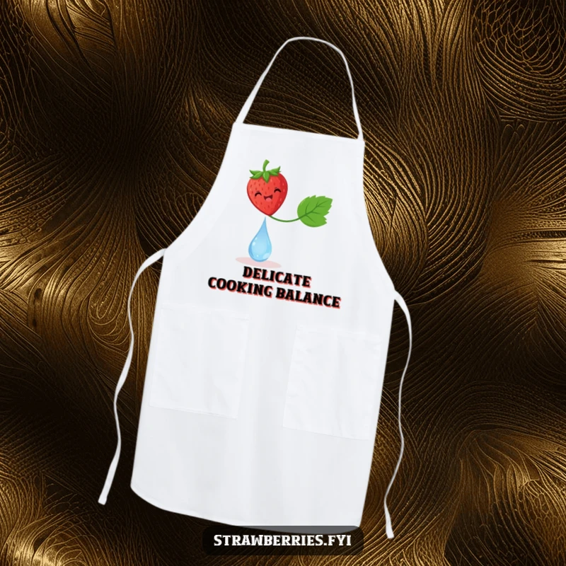 Funny apron depicting a delighted strawberry balancing on a dewdrop, adding delicate humor to the kitchen.