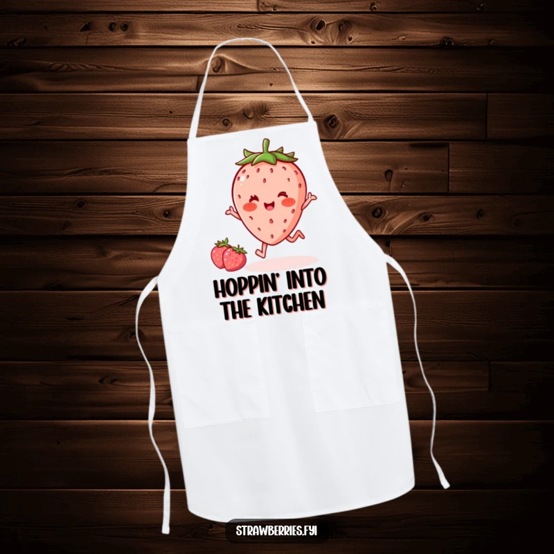 Funny delighted kawaii strawberry with rosy cheeks doing a hop, featured on a foodie apron, ideal for cooking with joyful, humorous flair.