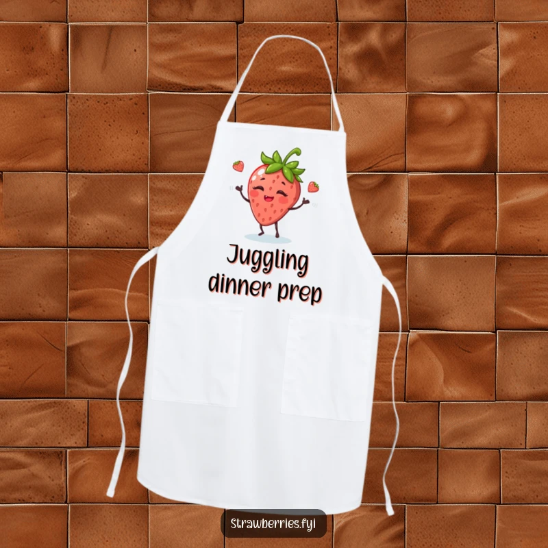 Funny apron showcasing a giggling anthropomorphic strawberry juggling leaves, adding a playful touch to kitchen activities.