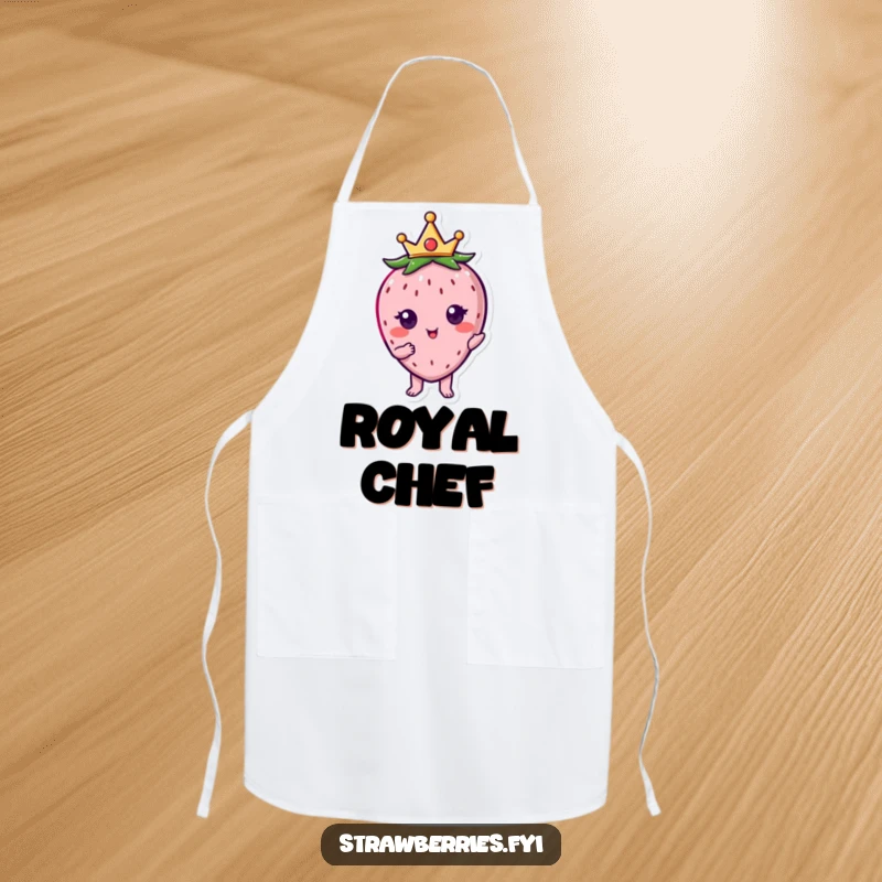 Funny kawaii strawberry character wearing a tiny crown while posing elegantly on this humorous apron.