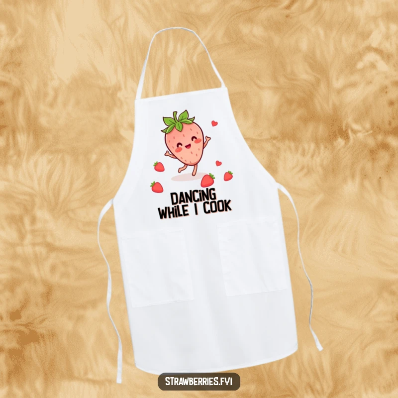 Funny apron depicting a cheerful Kawaii strawberry character engaged in a lively dance, ready for the kitchen.