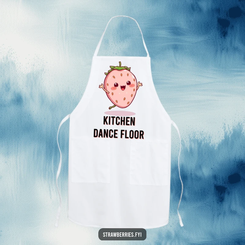 Funny Apron: Kawaii strawberry character doing a silly, energetic dance, its wobbly seeds adding to the comical kitchen fun.