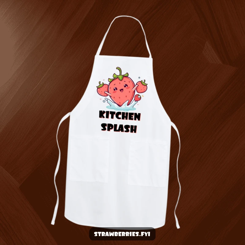 Funny kawaii strawberry character doing a playful splash on this humorous apron.