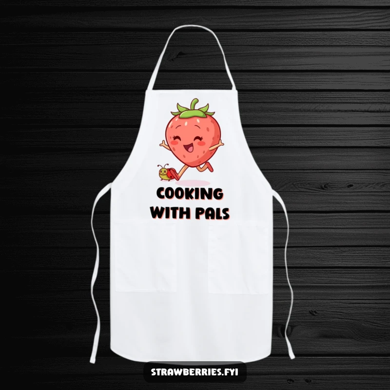 Funny skipping strawberry apron featuring a jovial character and ladybug companion joyfully skipping, ideal for kitchen use with cheerful humor.