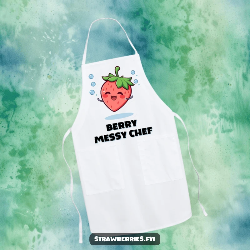 Funny Apron featuring a giggling strawberry character skillfully juggling tiny water droplets with a wide, cheerful smile.