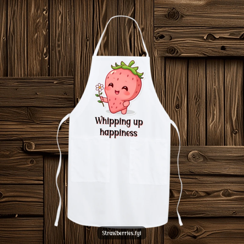 Funny apron featuring a beaming strawberry character holding a tiny flower, designed for cheerful cooking and baking.
