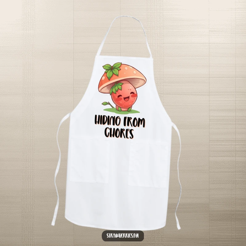 Funny apron with a giggling strawberry character hiding under a mushroom, perfect for cooking with whimsical humor.
