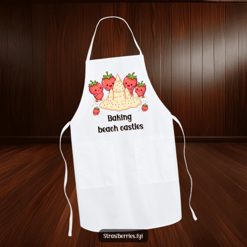Funny apron showing strawberries building a sprinkle sandcastle, adding playful beach vibes to kitchen activities.