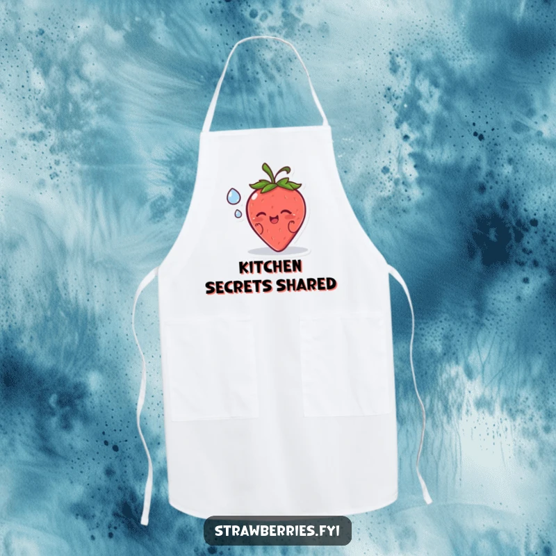 Funny apron with a happy strawberry character sharing a secret with a dewdrop, perfect for cooking with gentle humor.