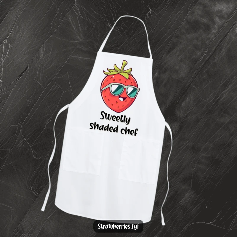Funny apron featuring a giggling strawberry character in tiny sunglasses, perfect for kitchen fun and laughter.