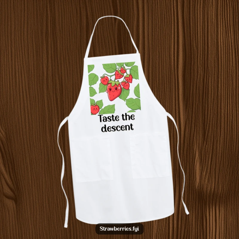 Funny apron showing a cheerful strawberry character sliding down a giant leafy vine, ideal for adventurous cooks.