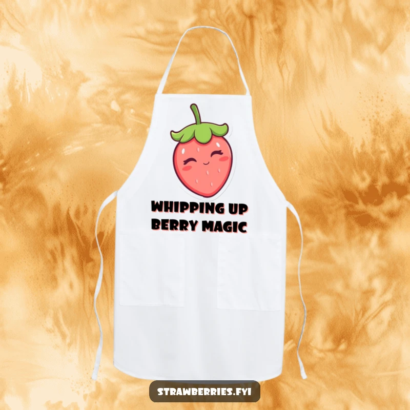 Funny winking kawaii strawberry character tipping its cap, featured on a foodie apron, ideal for cooking with comic flair.