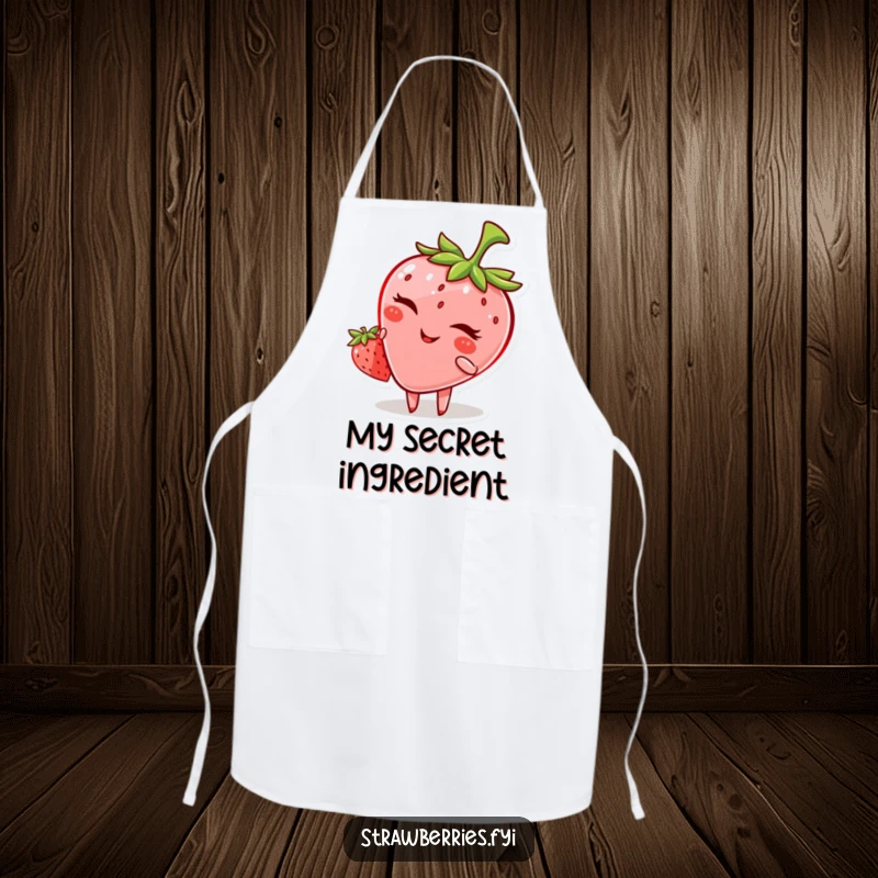 Funny apron showcasing a winking anthropomorphic strawberry, adding a playful touch to kitchen activities.