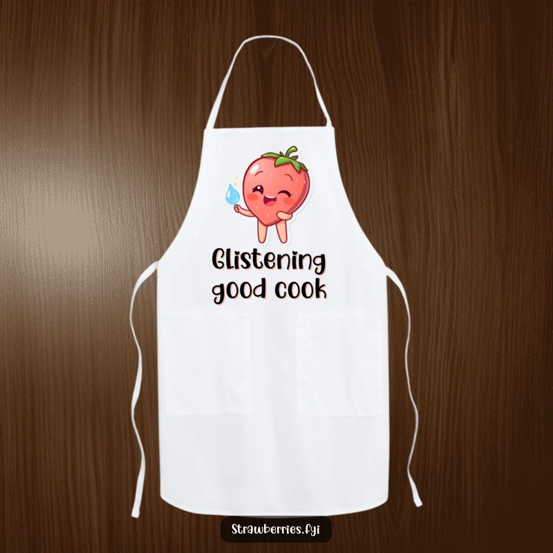 Funny apron featuring a happy strawberry character holding a sparkling dewdrop, perfect for cooking with cheerful humor.
