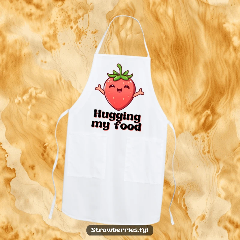Funny Kawaii strawberry character with open arms in an embrace on a functional apron, adding kitchen cheer.