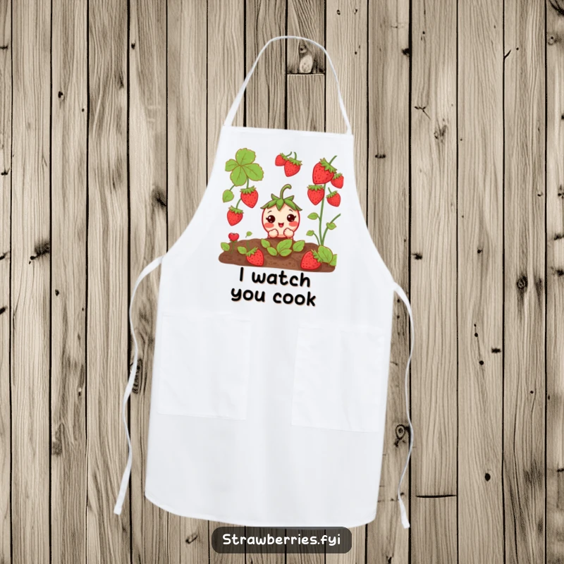 Funny Curious Strawberry Apron: A shy strawberry peeking from a garden, perfect for adding fun to cooking.