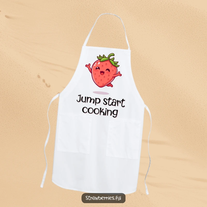 Funny Apron: Kawaii strawberry character in a joyful leap, ready for kitchen adventures with its cheerful leaves.