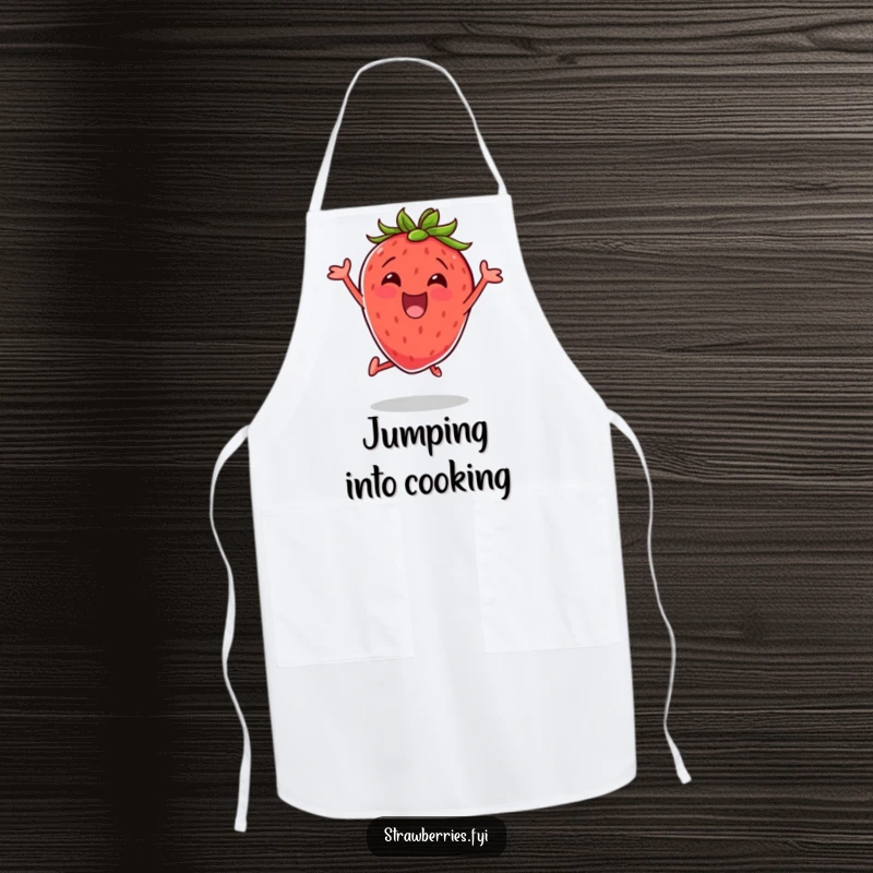 Funny apron showcasing an excited strawberry doing a jumping jack, perfect for adding energetic humor to kitchen activities.