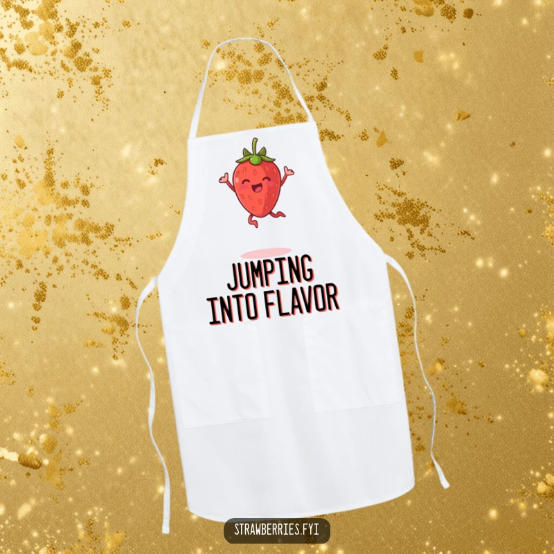 Funny apron showcasing a delighted anthropomorphic strawberry jumping for joy, making cooking a happy activity.