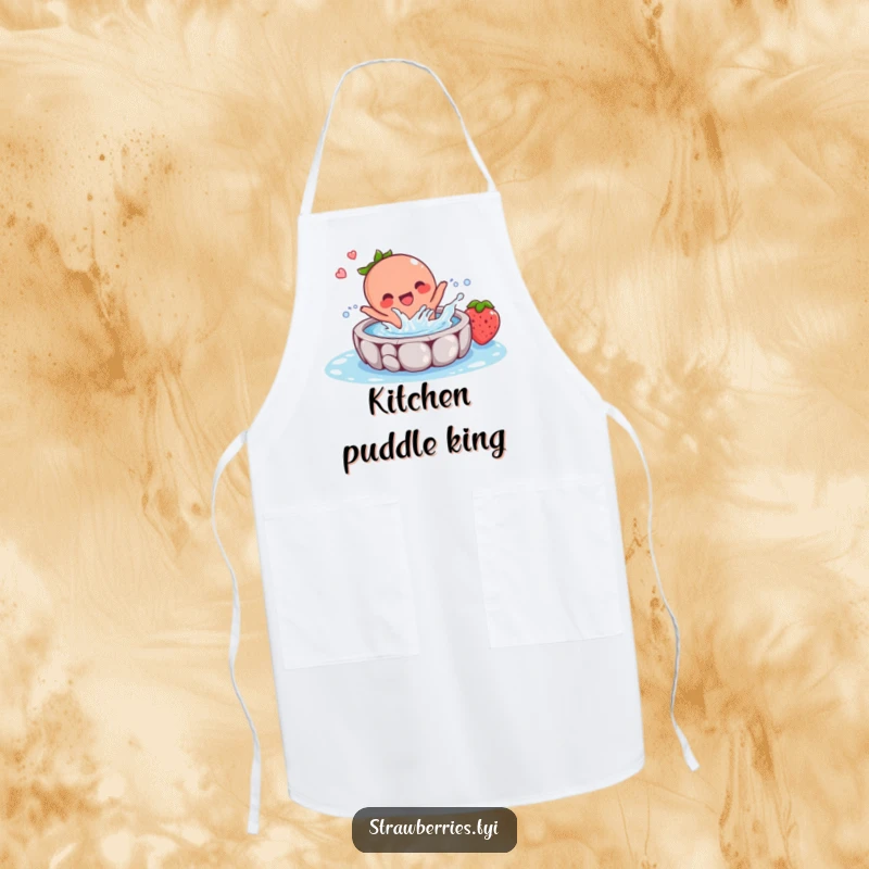Funny apron with a joyful strawberry character splashing water in a tiny pool, adding a humorous and playful touch to culinary tasks.