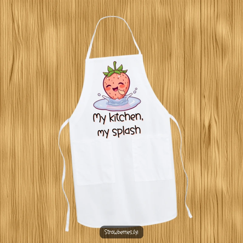 Funny apron featuring a strawberry character gleefully splashing in a puddle, adding a humorous touch to kitchen activities.