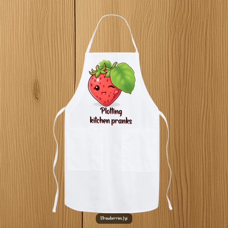 Funny apron with a mischievous strawberry character hiding behind a large leaf, perfect for cooking with playful humor.