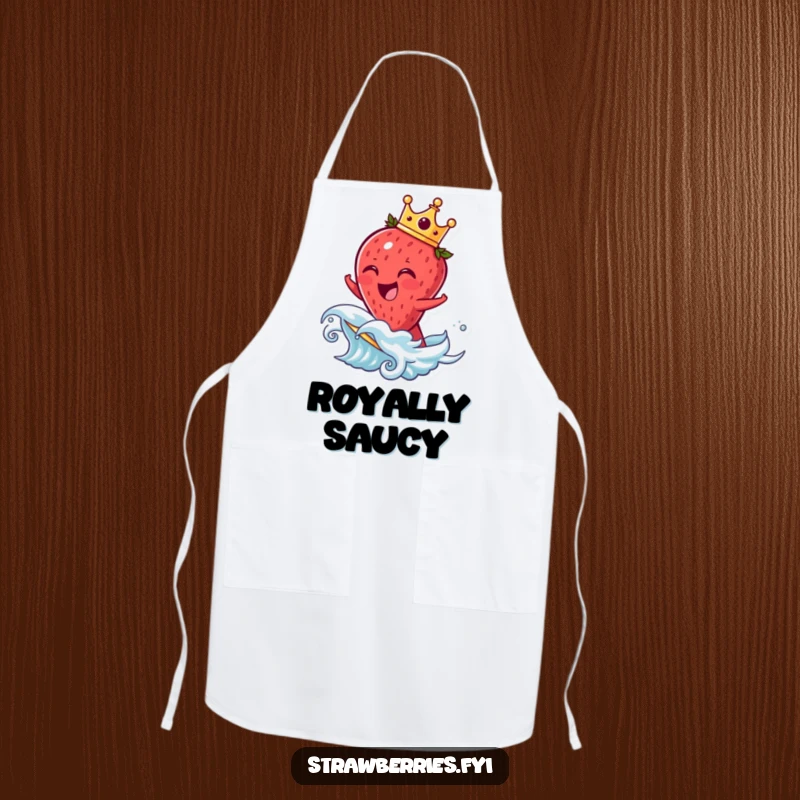 Funny strawberry apron showing a laughing crowned fruit character riding a wave, adding humorous royalty to kitchen activities.