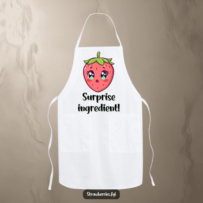 Funny apron depicting a surprised strawberry with wide eyes, comically falling backward, adding humor to the kitchen.