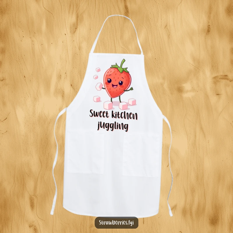 Funny Apron: Kawaii strawberry character grinning while juggling sugar cubes, adding a sweet and fun element to cooking.