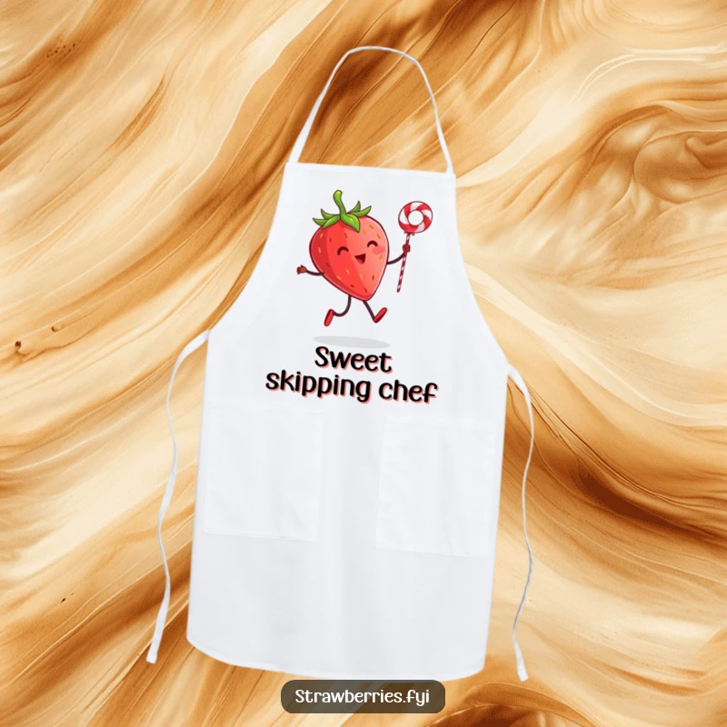 Funny apron showing a strawberry character with tiny legs skipping rope with a licorice string, adding playful cheer to cooking and baking.