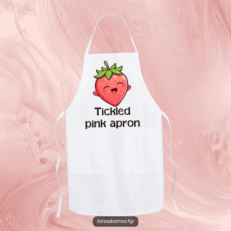 Funny Strawberry Apron depicting a tickled strawberry character wiggling with glee, perfect for a humorous kitchen funny gift.