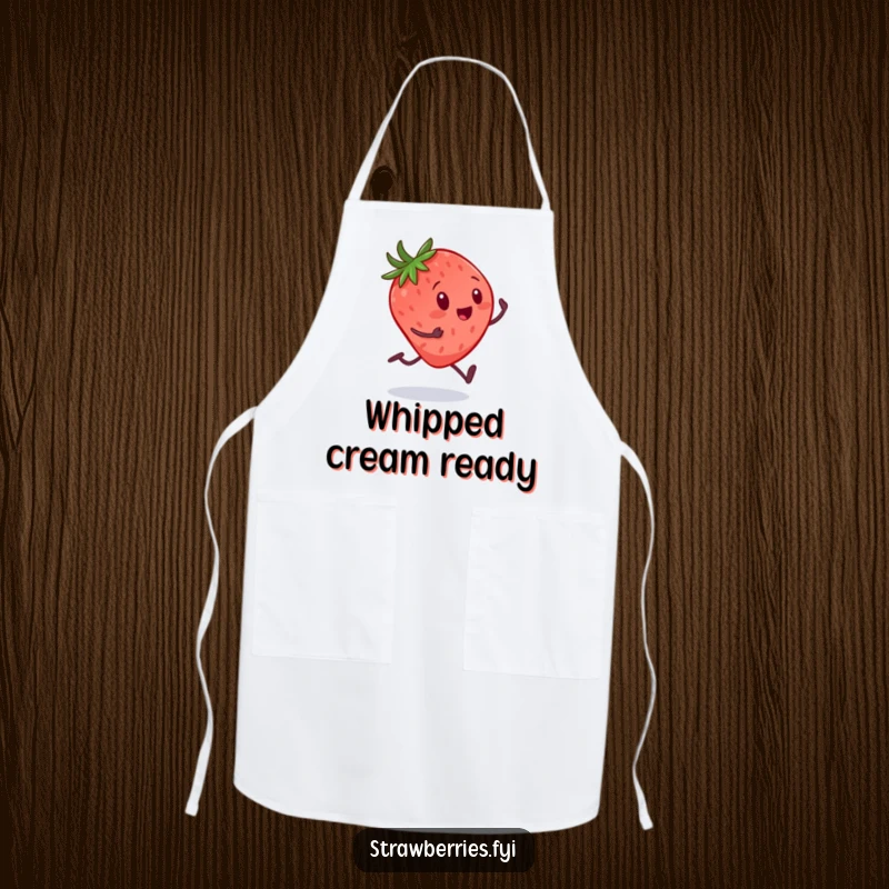 Funny apron showing a strawberry with tiny legs sprinting towards a giant spoon, perfect for a whimsical cook who loves sweets.