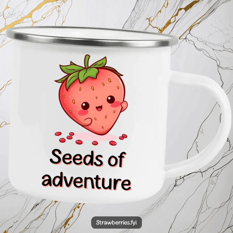 Funny Kawaii Strawberry Camping Mug showing a character playfully flourishing its seeds, ideal for outdoor use.
