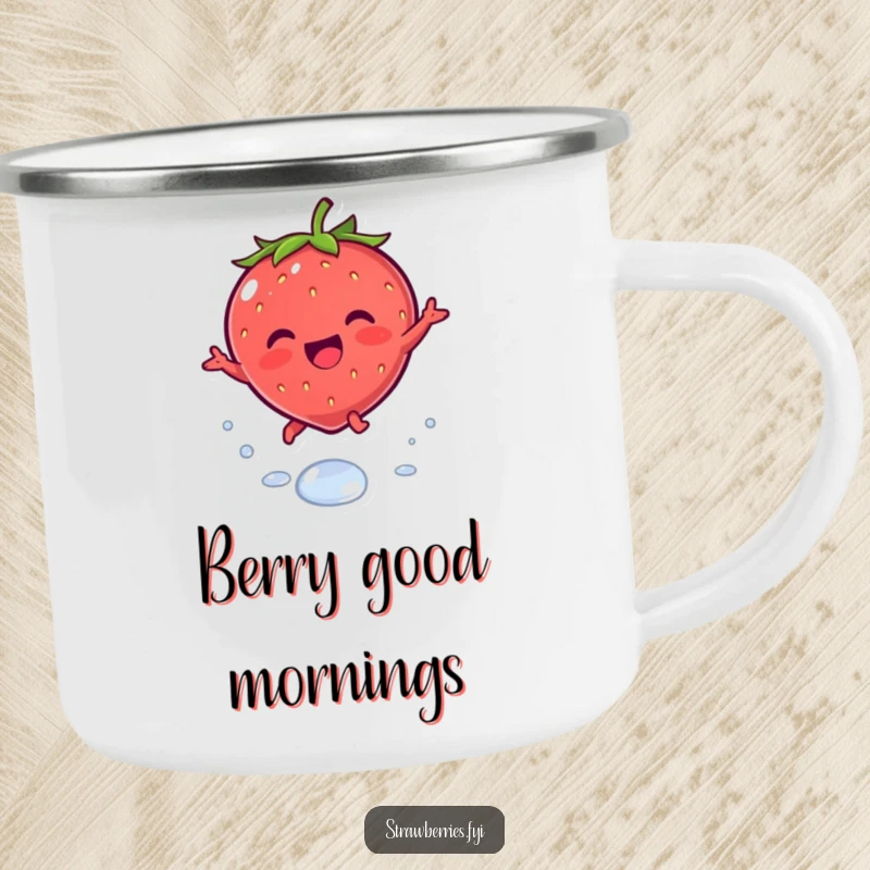 Funny camping mug with a joyous kawaii strawberry character leaping playfully over a dewdrop, ideal for outdoor enthusiasts who love cute fun.