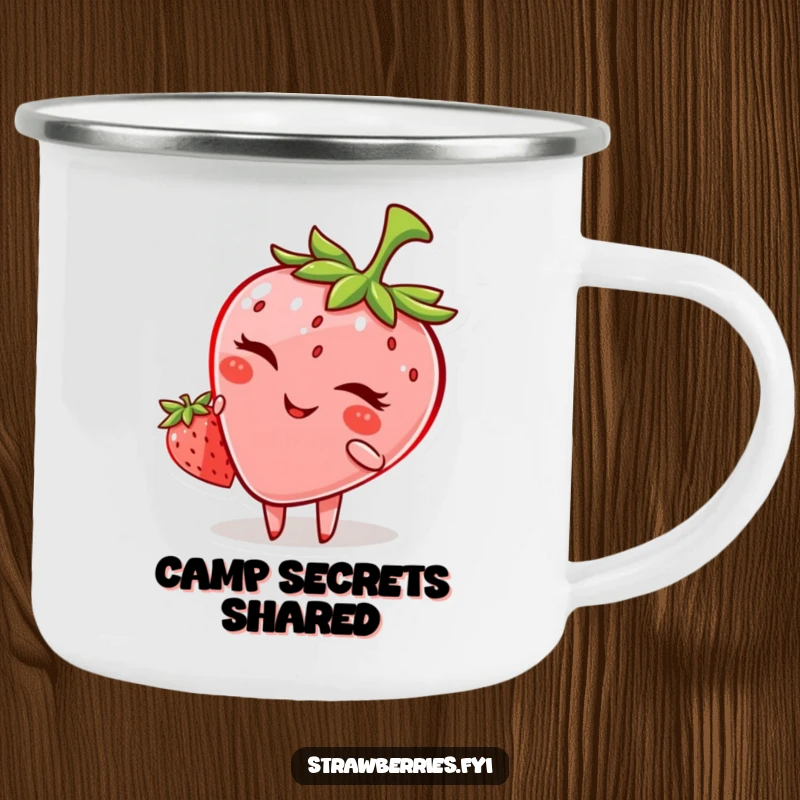 Funny camping mug with a winking anthropomorphic strawberry, ready for outdoor escapades and cheeky sips.