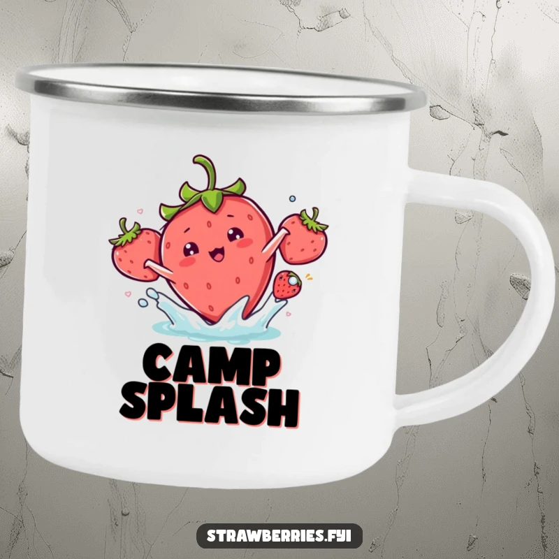 Funny kawaii strawberry character doing a playful splash on this durable camping mug.