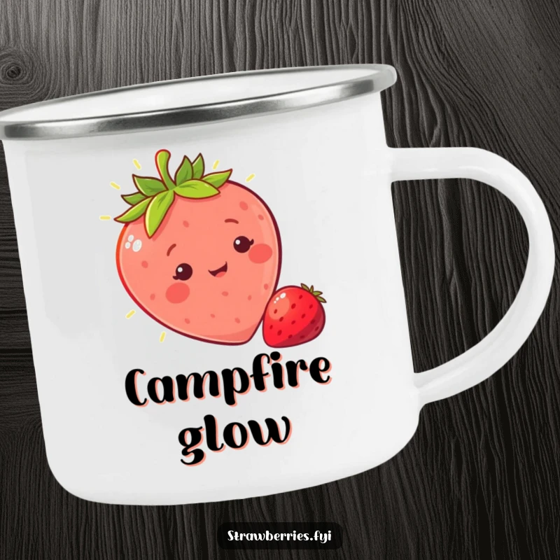 Funny sunny strawberry camping mug with a character basking in light, perfect for outdoor beverages with humorous sunshine.