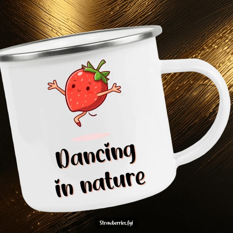 Funny Camping Mug with a joyful strawberry character doing a pirouette, perfect for enjoying drinks outdoors.