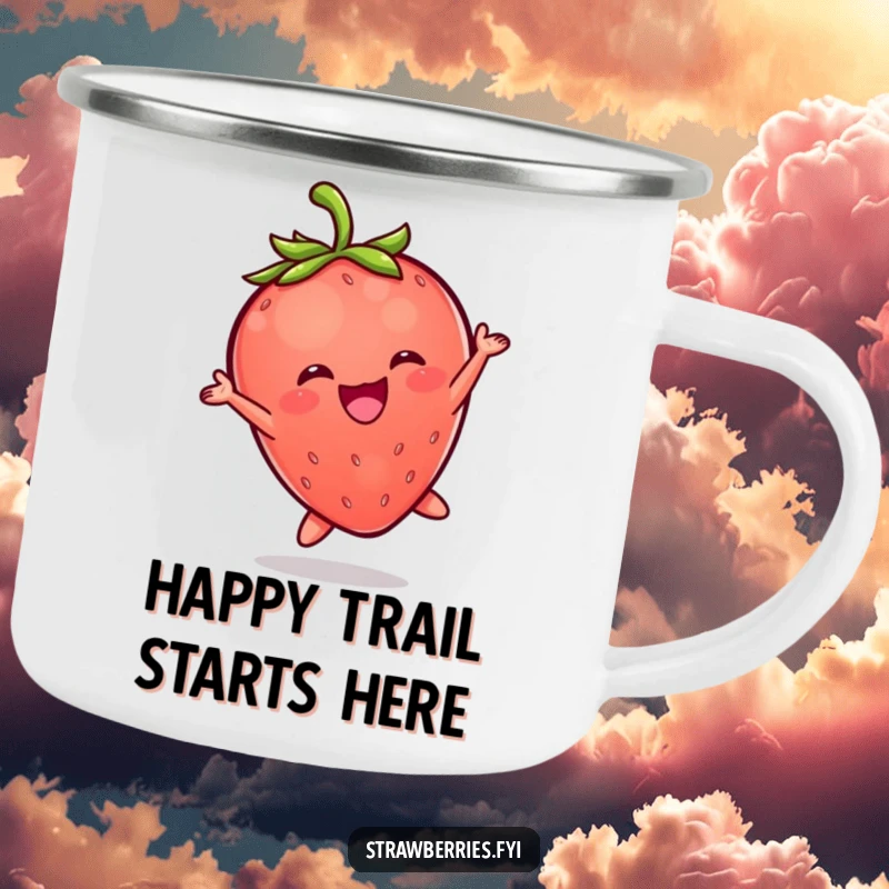 Funny, durable camping mug showing a happy Kawaii strawberry character mid-leap, perfect for outdoor enthusiasts.
