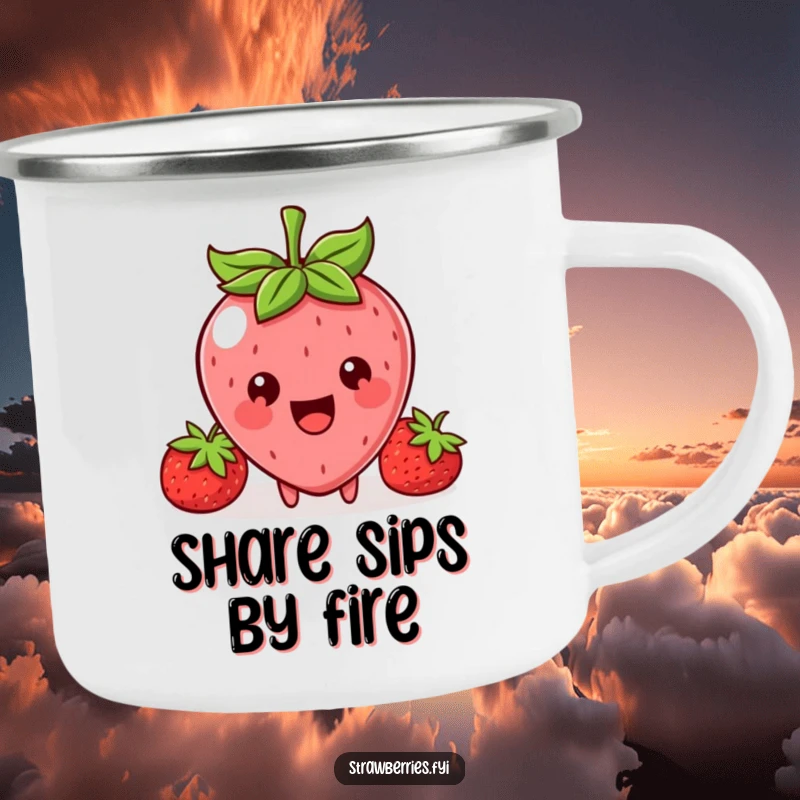 Funny, sturdy camping mug showing a happy Kawaii strawberry character with a wide smile, offering a small treat.